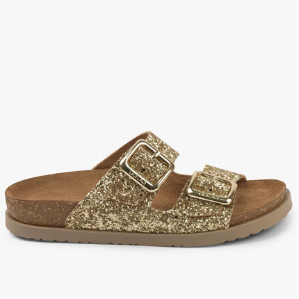 Siena II by LEON– Women’s Leather Sandal- Glitter Double Buckle Slip-on with Cushioned Footbed