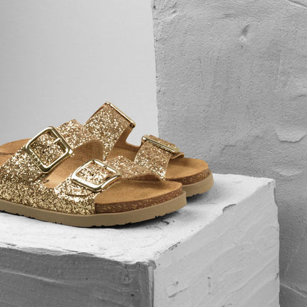 Siena II by LEON– Women’s Leather Sandal- Glitter Double Buckle Slip-on with Cushioned Footbed