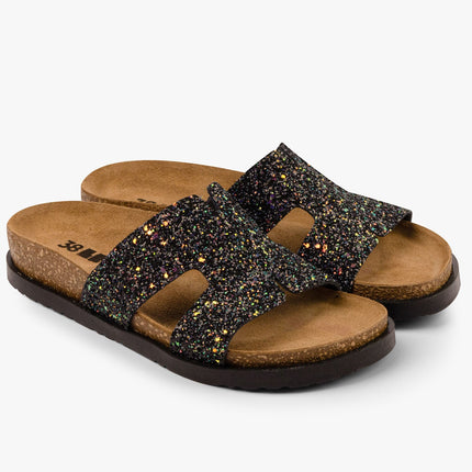 Liora II by LEON- Women’s Leather Sandal- Shimmering Slide Sandals with Glitter Effect