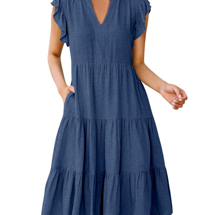 Blue Casual Dresses - Women's Summer Midi Dress - Ruffle Sleeve V-Neck Boho Beach Dress