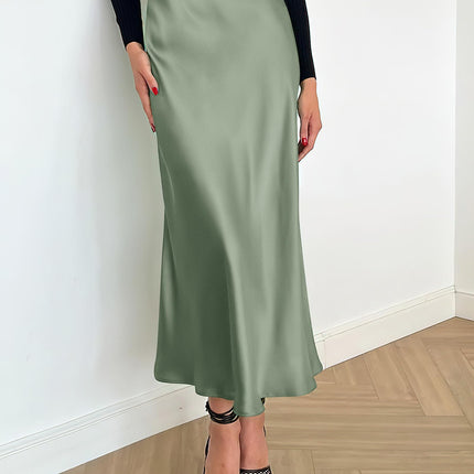 Women's High Waist Satin Midi Skirt - Elegant A-Line Flowy Party Wedding Skirt