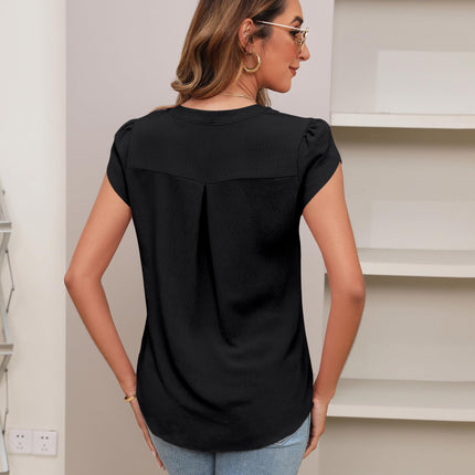 Beautiful Blouses For Ladies - Women's V-Neck Blouse with Pintuck Detail Short Petal Sleeve Business Top
