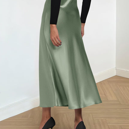 Women's High Waist Satin Midi Skirt - Elegant A-Line Flowy Party Wedding Skirt