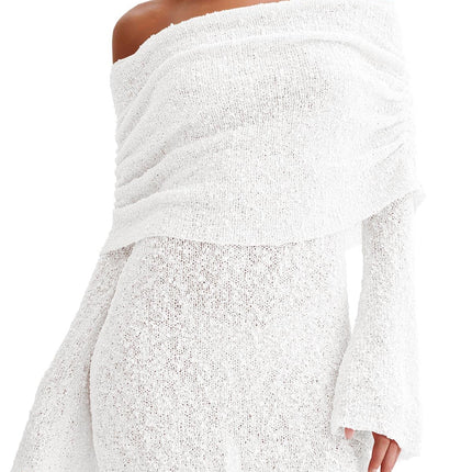 Women's Off Shoulder Beach Cover Up - Sheer Bell Sleeve Mini Dress for Swimwear