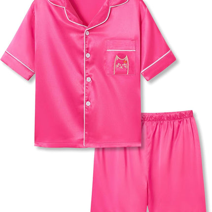 Girls Satin Pajama Set - Silky Button Down PJ with Shorts Size 6-16