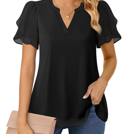 Polyester Blouses - Women's Chiffon Blouse V-Neck Puff Sleeve Summer Top for Work and Casual Wear
