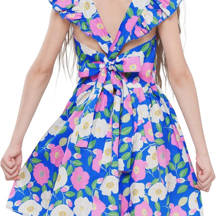 Girls Floral Cotton Dress - Sleeveless Summer Dress with Zipper Closure