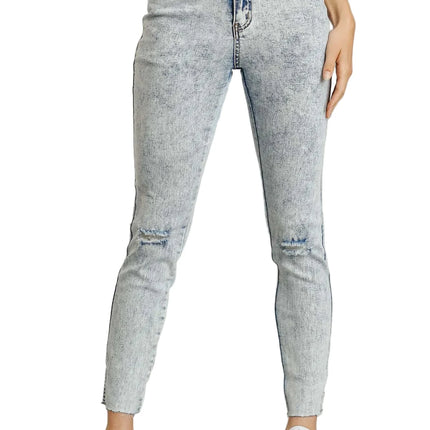 5-Pockets Distressed Detail Stretch Denim Skinny Jeans with Unfinished Hem