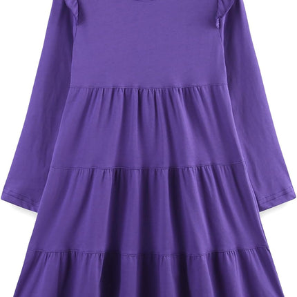 Girls Cotton Dress - Ruffle Sleeve Tiered A-Line Midi Sundress