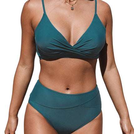 Women's High Waisted Bikini Set - V Neck Twist Front Two Piece Swimsuit with Adjustable Straps