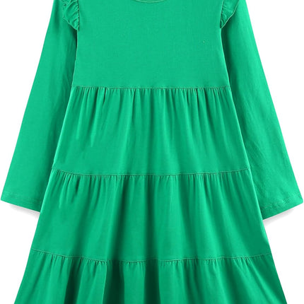 Girls Cotton Dress - Ruffle Sleeve Tiered A-Line Midi Sundress