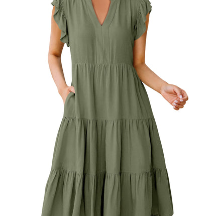 Blue Casual Dresses - Women's Summer Midi Dress - Ruffle Sleeve V-Neck Boho Beach Dress