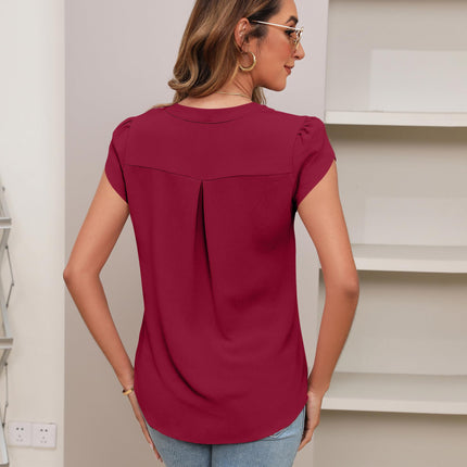 Beautiful Blouses For Ladies - Women's V-Neck Blouse with Pintuck Detail Short Petal Sleeve Business Top