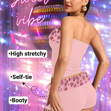 Valentine Leopard Costume - Strapless Crop Top and Low Rise Shorts - Club Going Out Outfit