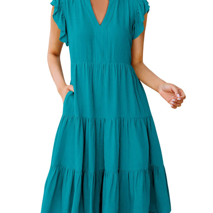Blue Casual Dresses - Women's Summer Midi Dress - Ruffle Sleeve V-Neck Boho Beach Dress