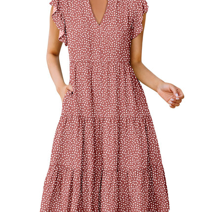 Blue Casual Dresses - Women's Summer Midi Dress - Ruffle Sleeve V-Neck Boho Beach Dress