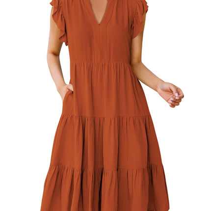 Blue Casual Dresses - Women's Summer Midi Dress - Ruffle Sleeve V-Neck Boho Beach Dress
