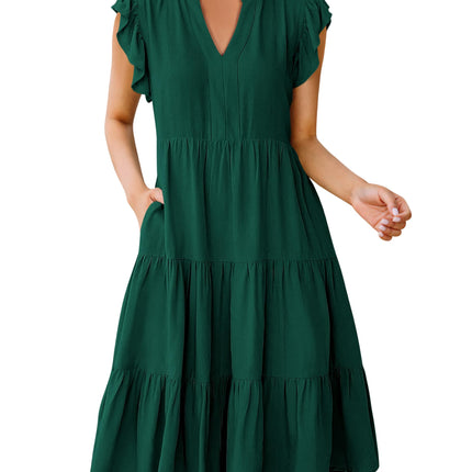 Blue Casual Dresses - Women's Summer Midi Dress - Ruffle Sleeve V-Neck Boho Beach Dress