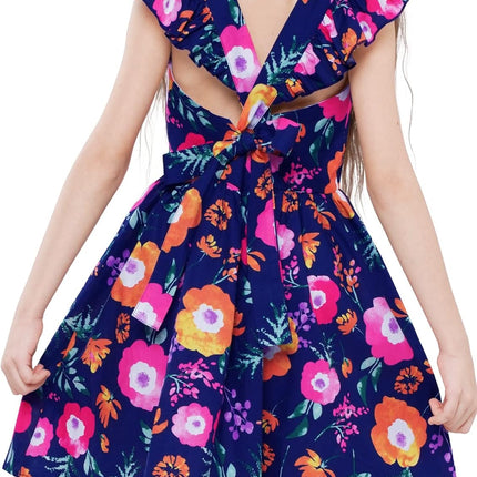 Girls Floral Cotton Dress - Sleeveless Summer Dress with Zipper Closure