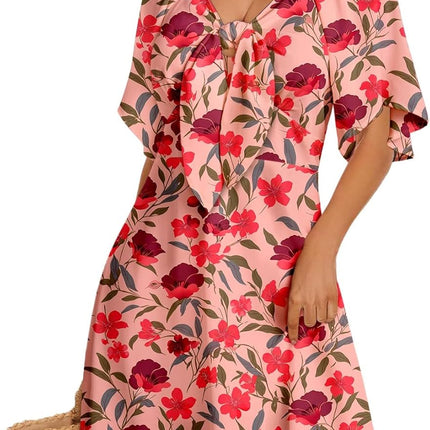 Women's Deep V-Neck Mini Dress with Bow Tie - Elegant Summer Fall Outfit