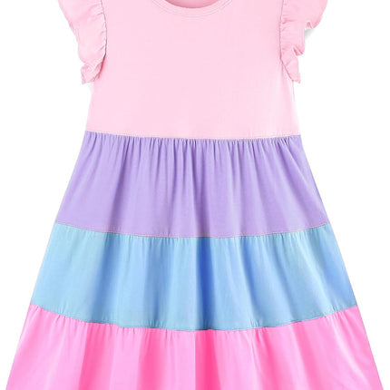 Girls Cotton Dress - Ruffle Sleeve Tiered A-Line Midi Sundress