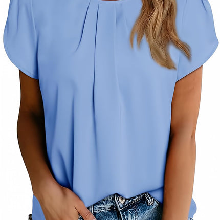 Polyester Blouses - Women's Chiffon Blouse Short Sleeve Pleated Top with Keyhole Back Detail