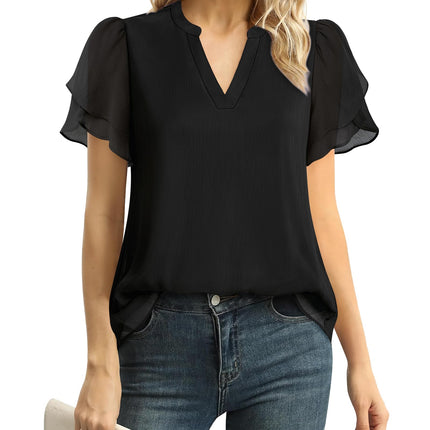 Polyester Blouses - Women's Chiffon Blouse V-Neck Puff Sleeve Summer Top for Work and Casual Wear