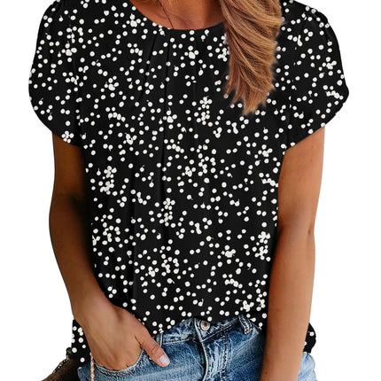 Polyester Blouses - Women's Chiffon Blouse Short Sleeve Pleated Top with Keyhole Back Detail