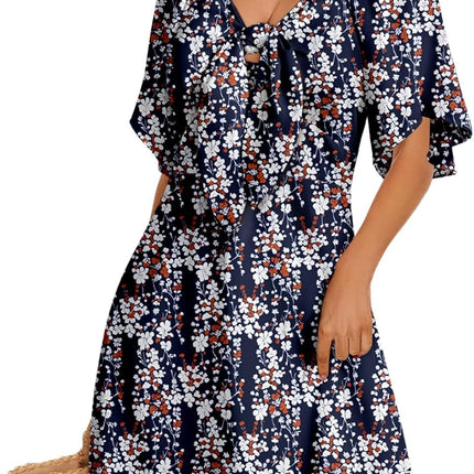 Women's Deep V-Neck Mini Dress with Bow Tie - Elegant Summer Fall Outfit