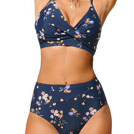 Women's High Waisted Bikini Set - V Neck Twist Front Two Piece Swimsuit with Adjustable Straps