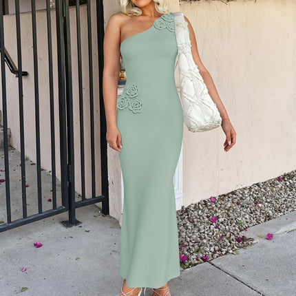 Women's One Shoulder Maxi Dress - Floral Ribbed Knit Summer Cocktail Dress