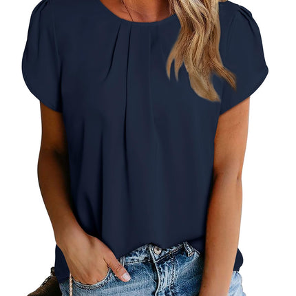 Polyester Blouses - Women's Chiffon Blouse Short Sleeve Pleated Top with Keyhole Back Detail