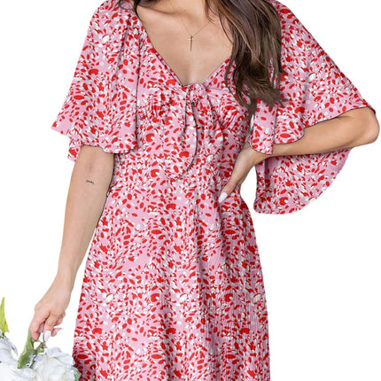 Women's Deep V-Neck Mini Dress with Bow Tie - Elegant Summer Fall Outfit