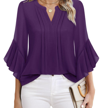 Beautiful Blouses For Ladies - Women's 3/4 Sleeve Chiffon Blouse Dressy Business Casual Work Shirt