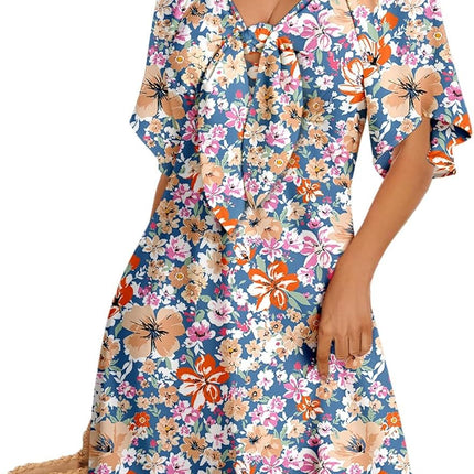 Women's Deep V-Neck Mini Dress with Bow Tie - Elegant Summer Fall Outfit