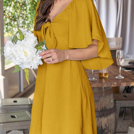 Women's Deep V-Neck Mini Dress with Bow Tie - Elegant Summer Fall Outfit