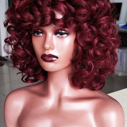 Short Curly Bob Wig Human Hair with Bangs - Glueless Funmi Curly Wig, Brazilian Remy Hair, Ready to Go