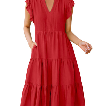 Blue Casual Dresses - Women's Summer Midi Dress - Ruffle Sleeve V-Neck Boho Beach Dress