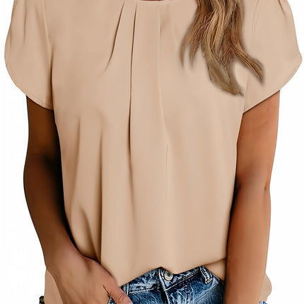 Polyester Blouses - Women's Chiffon Blouse Short Sleeve Pleated Top with Keyhole Back Detail