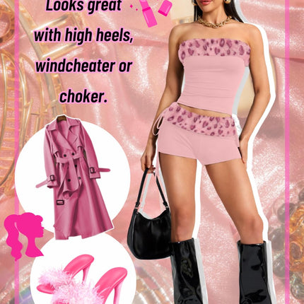 Valentine Leopard Costume - Strapless Crop Top and Low Rise Shorts - Club Going Out Outfit