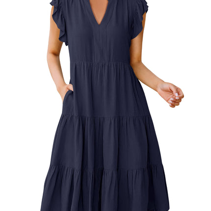 Blue Casual Dresses - Women's Summer Midi Dress - Ruffle Sleeve V-Neck Boho Beach Dress