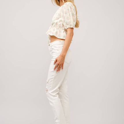 Petticoat Puff Sleeve Tie Front Peplum Top