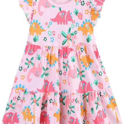 Girls Cotton Dress - Ruffle Sleeve Tiered A-Line Midi Sundress