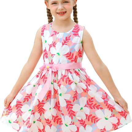 Girls Floral Cotton Dress - Sleeveless Summer Dress with Zipper Closure