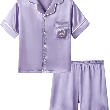 Girls Satin Pajama Set - Silky Button Down PJ with Shorts Size 6-16