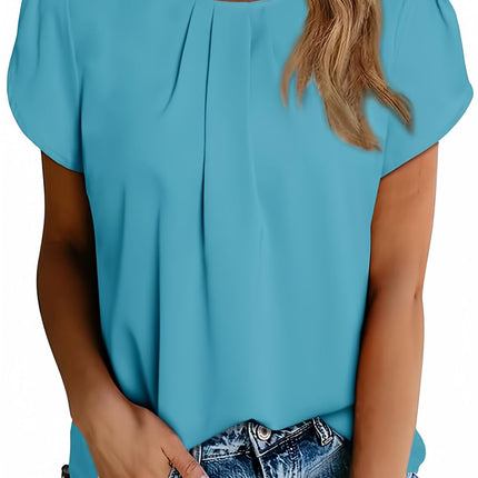 Polyester Blouses - Women's Chiffon Blouse Short Sleeve Pleated Top with Keyhole Back Detail