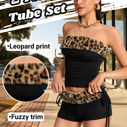 Valentine Leopard Costume - Strapless Crop Top and Low Rise Shorts - Club Going Out Outfit