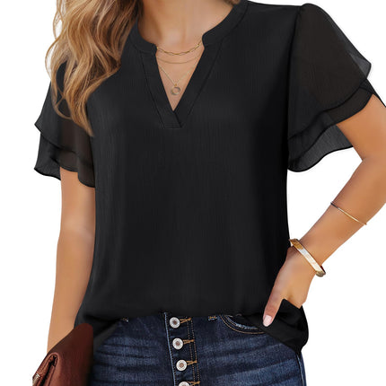 Polyester Blouses - Women's Chiffon Blouse V-Neck Puff Sleeve Summer Top for Work and Casual Wear