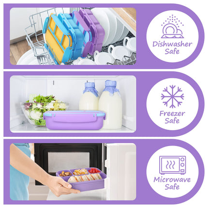 Bento Lunch Box for Kids - 4 Compartment Leak-Proof School Lunch Container with Utensils Purple