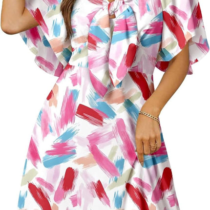 Women's Deep V-Neck Mini Dress with Bow Tie - Elegant Summer Fall Outfit